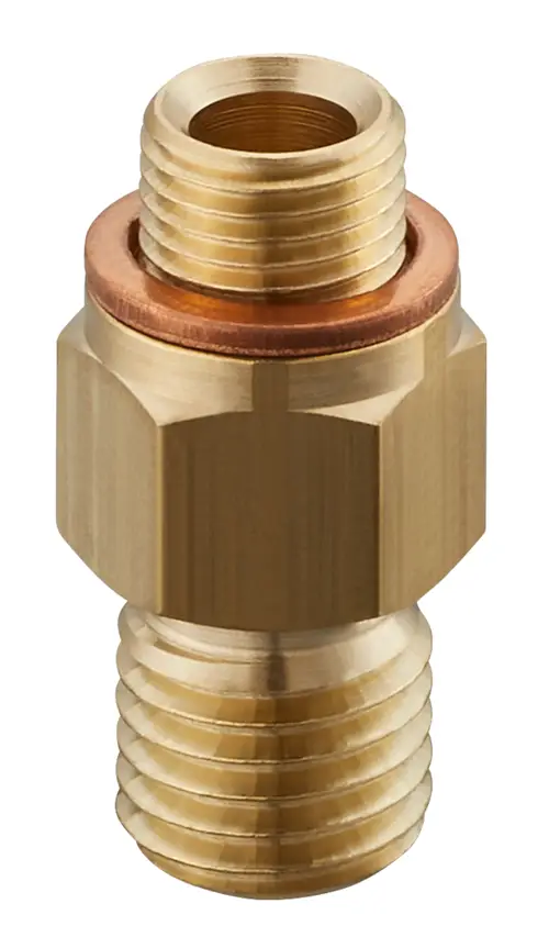 Adapter aus Messing mit Innen- und Außengewinde. Zur Verwendung in Heizungsinstallationen von Oventrop.